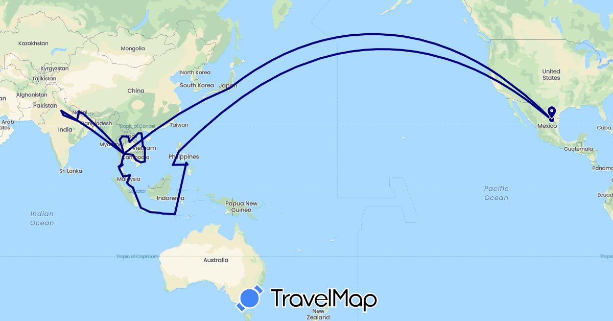 TravelMap itinerary: driving in Indonesia, India, Japan, Cambodia, Laos, Mexico, Malaysia, Nepal, Philippines, Singapore, Thailand, Vietnam (Asia, North America)